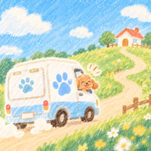 ワンちゃんを乗せて丘の上の家へ向かうトリミングカーのイラスト