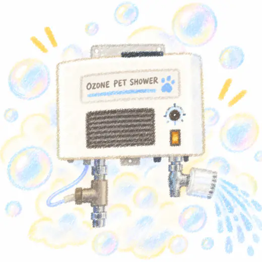 泡とシャボン玉に包まれたオゾンペットシャワー本体のイラスト