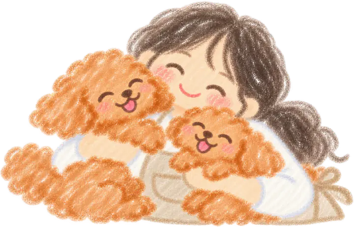 トイプードルを笑顔で抱きしめる女の子のイラスト